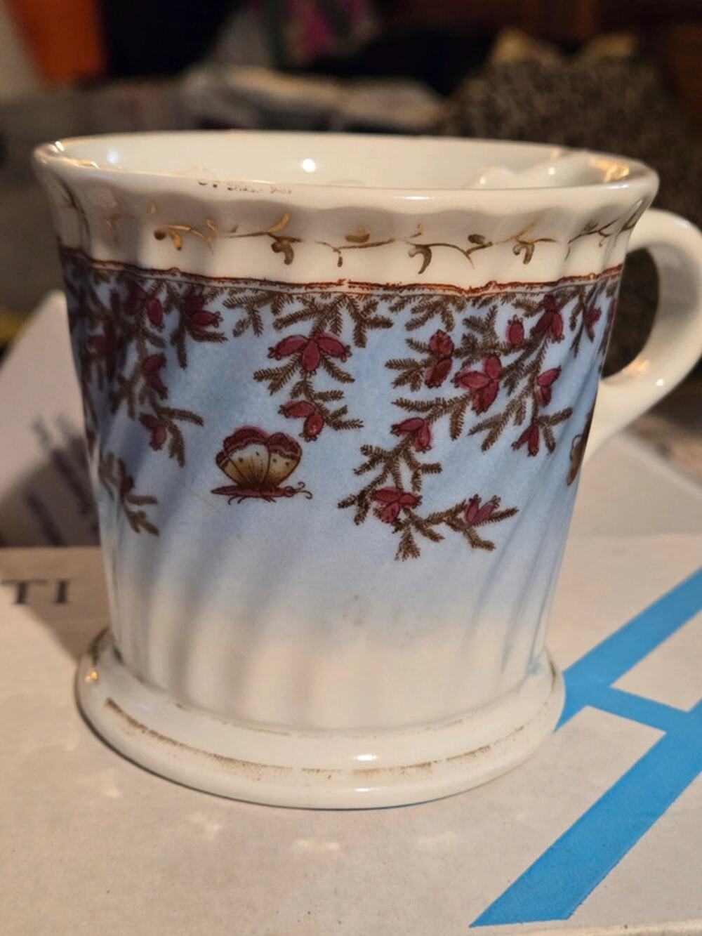 Antique Victorian Shaving Scuttle Mug - Swirl Porcelain Floral & Butterfly
